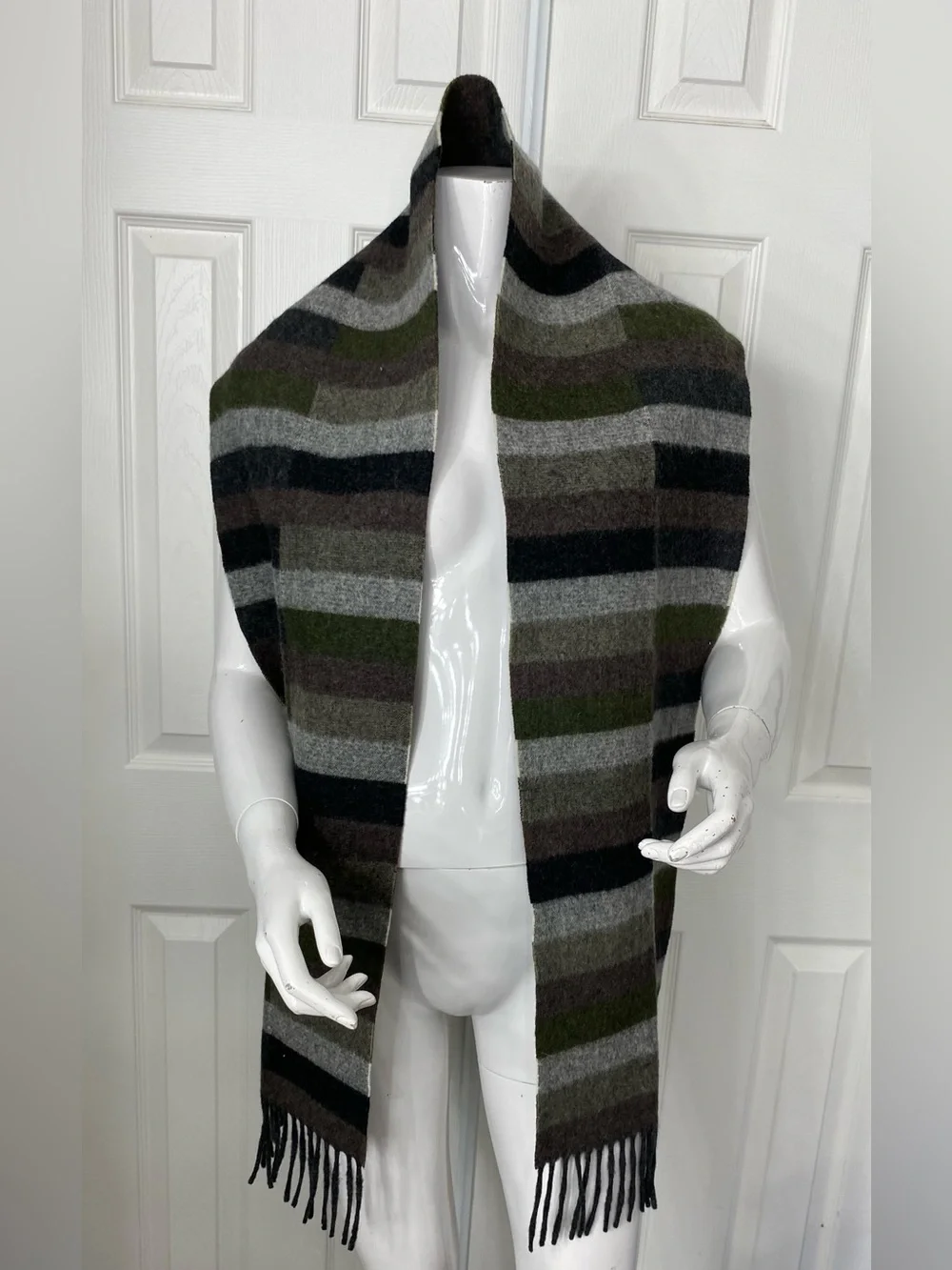 Eddie Bauer Olive, Gray & Black Striped Wool Blend Fringe Scarf